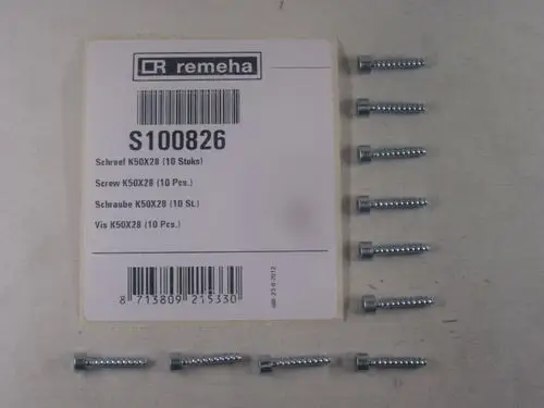 Verpackung mit mehreren Schrauben der Marke Remeha, geeignet für Montagezwecke. Präsentiert wird eine Übersicht der Schrauben in einer klaren Anordnung.